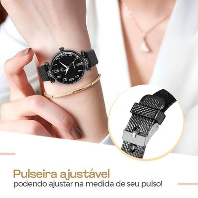Relogio Aço Preto Feminino Brincos Colar Coração Caixa