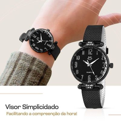 Relogio Aço Preto Feminino Brincos Colar Coração Caixa