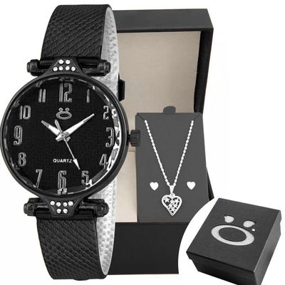 Relogio Aço Preto Feminino Brincos Colar Coração Caixa