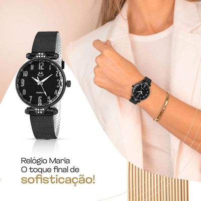 Relogio Aço Preto Feminino Brincos Colar Coração Caixa