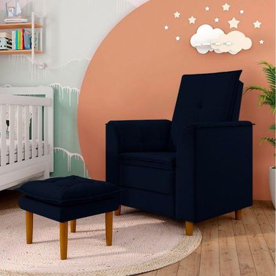 Poltrona Decorativa Amamentação Reforçada Puff Luly Veludo azul Marinho