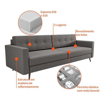 Sofá 3 Lugares Living Pé Palito Linho Cotton Cinza 210 cm