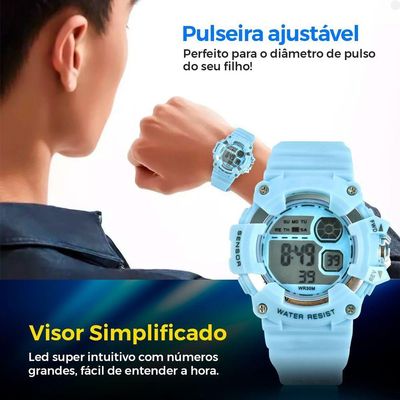 Relogio Digital Infantil Menino Criança Silicone + Caixa Original Azul Bebe Cronometro Esportivo