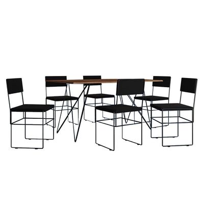 Mesa Jantar Retangular Industrial Trama 1,50x0,90m Amêndoa Com 6 Cadeiras Estofadas Vitória Preta Marrom