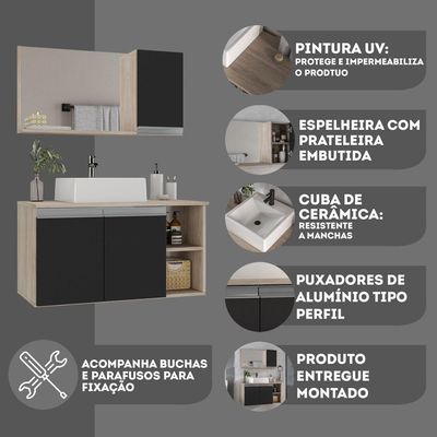 Conjunto Gabinete Banheiro Virtus 80cm - Gabinete + Cuba + Espelheira Madeirado Preto