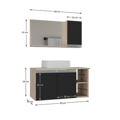 Conjunto Gabinete Banheiro Virtus 80cm - Gabinete + Cuba + Espelheira Madeirado Preto