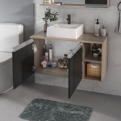 Conjunto Gabinete Banheiro Virtus 80cm - Gabinete + Cuba + Espelheira Madeirado Preto