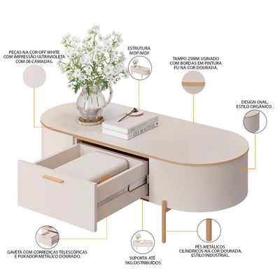 Mesa De Centro Decorativa Sala de Estar Orgânico Giverny D05 Off White - Lyam Decor