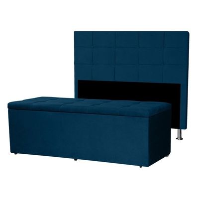Kit Cabeceira E Calçadeira Baú Queen 1,60m Roma Suede Azul Marinho Sky Mobile