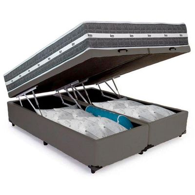 Cama Box Baú Casal Bipartido Sintético + Colchão Anjos Black Graphite Molas Ensacadas 138x188x64cm Cinza