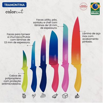 Jogo De Facas 6 Peças Colorcut Colorido Tramontina