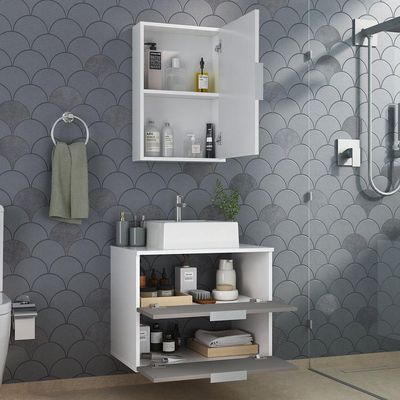 Conjunto Gabinete Banheiro Rubi 60cm Gabinete + Cuba + Espelheira Branco Cinza