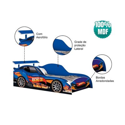 Cama Carro Solteiro Racing Car Para Meninos Racing Car Relâmpago Azul