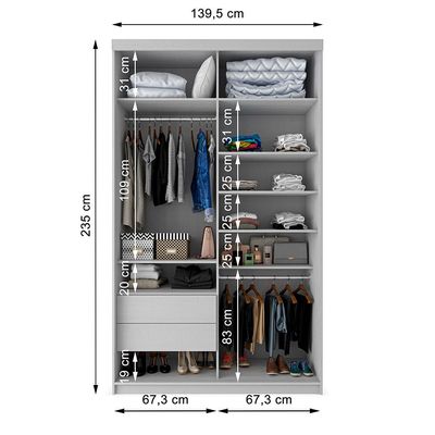 Guarda-Roupa Solteiro com 2 Espelhos Lugano 2 PT 2 GV Branco