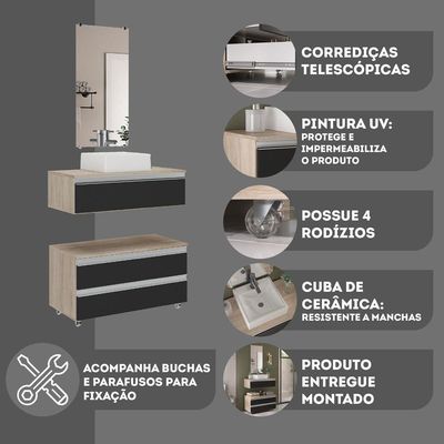 Conjunto De Gabinete Banheiro Creta 80cm (gabinete+cuba+espelheira) Madeirado Preto