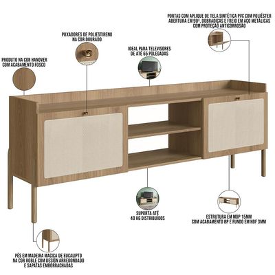 Rack Para Sala de Estar TV 65 Pol 183cm Pés Madeira Moss A03 Hanover Roble - Lyam Decor