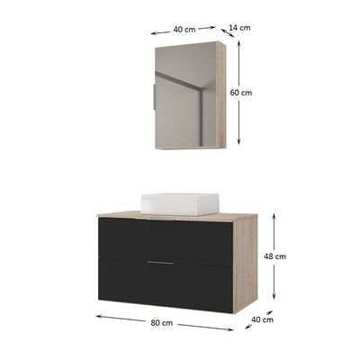 Conjunto Gabinete Banheiro Rubi 80cm - Gabinete + Cuba + Espelheira Madeirado Preto
