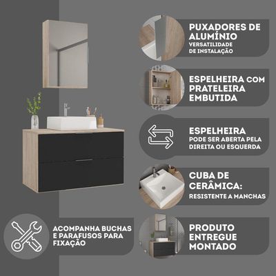 Conjunto Gabinete Banheiro Rubi 80cm - Gabinete + Cuba + Espelheira Madeirado Preto