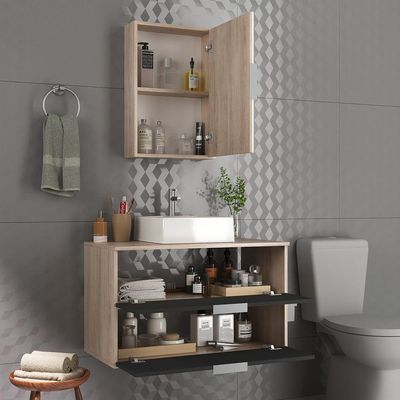 Conjunto Gabinete Banheiro Rubi 80cm - Gabinete + Cuba + Espelheira Madeirado Preto