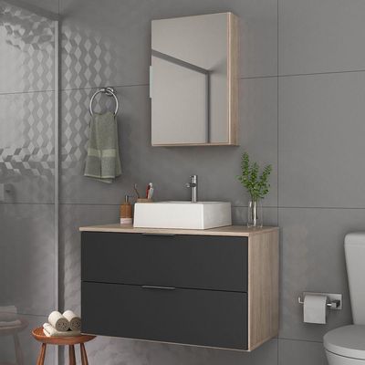 Conjunto Gabinete Banheiro Rubi 80cm - Gabinete + Cuba + Espelheira Madeirado Preto
