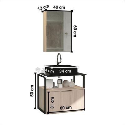 Conjunto Gabinete Urbe 60cm Madeirado Inteiro Tampo Preto Cuba Preto