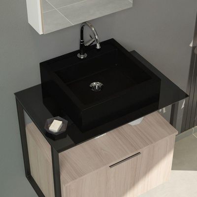 Conjunto Gabinete Urbe 60cm Madeirado Inteiro Tampo Preto Cuba Preto