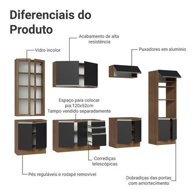 Armário De Cozinha Completa 340cm Rustic/preto Glamy Madesa 01 Rustic/preto