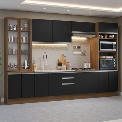 Armário De Cozinha Completa 340cm Rustic/preto Glamy Madesa 01 Rustic/preto