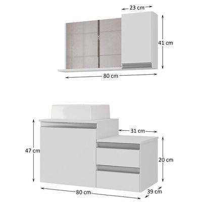 Conjunto Gabinete Banheiro Cross 80 (gabinete+espelheira+cuba) Branco Inteiro