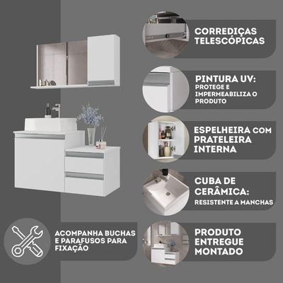 Conjunto Gabinete Banheiro Cross 80 (gabinete+espelheira+cuba) Branco Inteiro