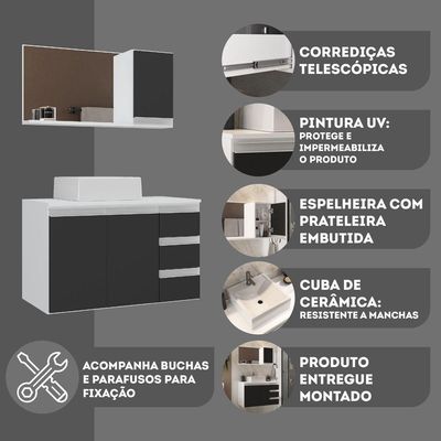 Conjunto Gabinete Banheiro Prisma 80cm Gabinete + Cuba + Espelheira Branco Preto