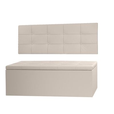 Kit Cabeceira Painel E Calçadeira Baú Solteiro 0,90m Roma Material Sintético Bege Sky Mobile