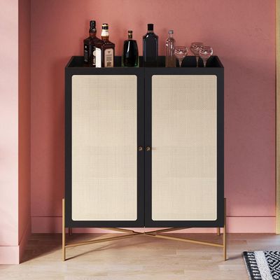 Armário Bar Para Sala 2 Portas 93cm Industrial Indy A03 Nero Dourado - Lyam Decor