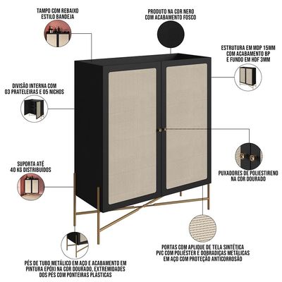 Armário Bar Para Sala 2 Portas 93cm Industrial Indy A03 Nero Dourado - Lyam Decor
