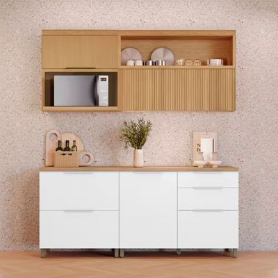 Cozinha Completa em MDF Nesher Marquesa com 4 Portas 4 Gavetas e 4 Prateleiras 200cm de Largura Marrom/Cinza