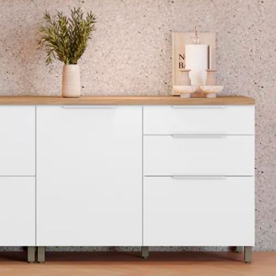 Cozinha Completa em MDF Nesher Marquesa com 4 Portas 4 Gavetas e 4 Prateleiras 200cm de Largura Marrom/Cinza
