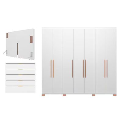 Guarda Roupa Bartira Diplomata com 7 Portas e 6 Gavetas Cômoda Diplomata com 5 Gavetas Cabeceira para Cama Box Casal e Queen Diplomata Branco/Avelã