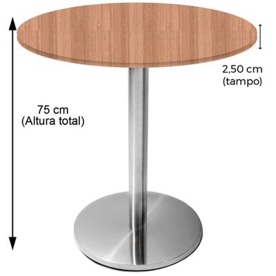 Mesa Beta Inox 75 Cm altura Disco Redondo Tampo Mdp Redondo 60 Cm Largura X 2,50 Cm Altura Noce Natural