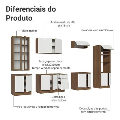 Armário De Cozinha Completa 340cm Rustic/branco Veludo Lux Madesa 02 Rustic/branco Veludo
