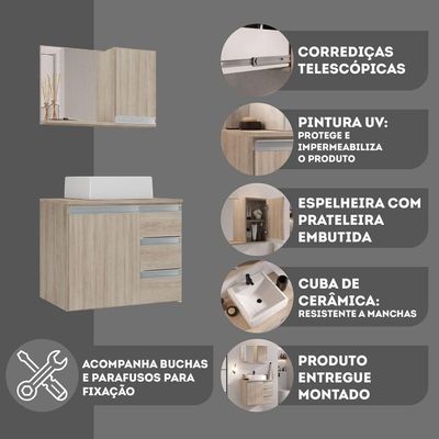 Conjunto Gabinete Banheiro Prisma 60cm Gabinete + Cuba + Espelheira Madeirado Inteiro