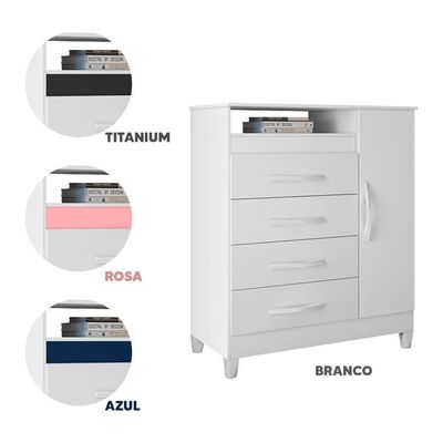 Cômoda Para Quarto Infantil 4 Gavetas 1 Porta Branco Rosa Azul Quadriflex Triton Shop Jm