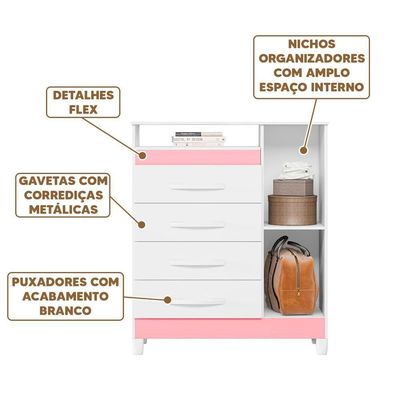 Cômoda Para Quarto Infantil 4 Gavetas 1 Porta Branco Rosa Azul Quadriflex Triton Shop Jm