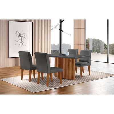 Conjunto de Mesa de Jantar Retangular com Tampo de Vidro Berlim e 4 Cadeiras Bélgica Linho Grafite e Imbuia