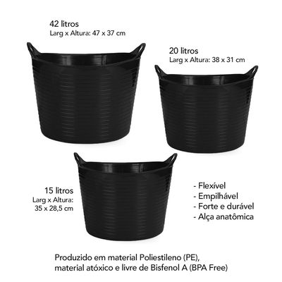 Balde Cesto Organizador Multiuso Preto Cestas 42L 20L e 15L