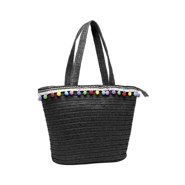 Bolsa Praia Semax Pompom Tote Bag Preta Bolsa Praia Semax Pompom Tote Bag Preta