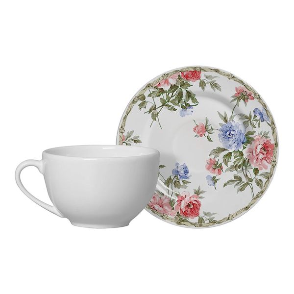 Xícara de Chá com Pires em Cerâmica Alleanza Romântica 2 200ml Xícara de Chá com Pires em Cerâmica Alleanza Romântica 2 200ml