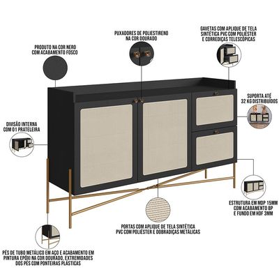 Aparador Buffet Para Sala de Jantar 139cm Industrial Indy A03 Nero Dourado - Lyam Decor