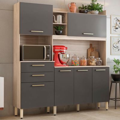 Armário Cozinha Compacta 6 Portas 2 Gavetas 1 Espaço Forno Select Avena - Grafito Avena - Grafito