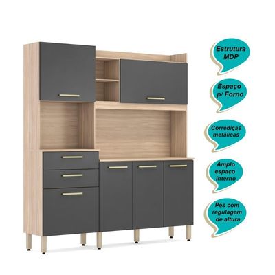 Armário Cozinha Compacta 6 Portas 2 Gavetas 1 Espaço Forno Select Avena - Grafito Avena - Grafito