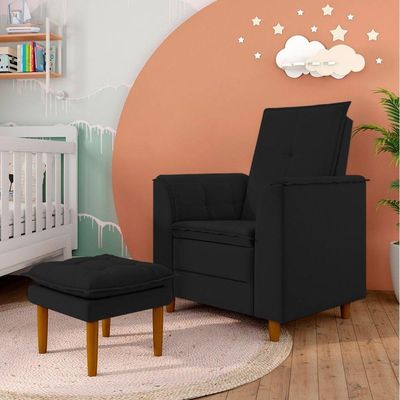 Poltrona Decorativa Amamentação Reforçada E Puff Luly Suede preto
